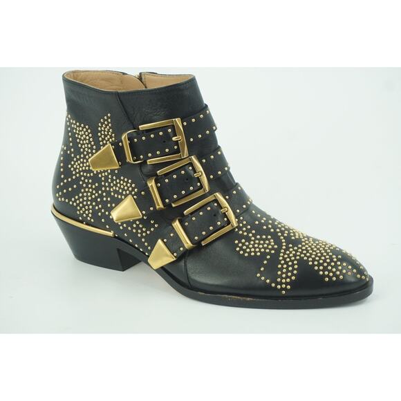 Chloe Suzanna Black Leather copper Studded Ankle Boot Size 35 $1380 Belted - Picture 1 of 11